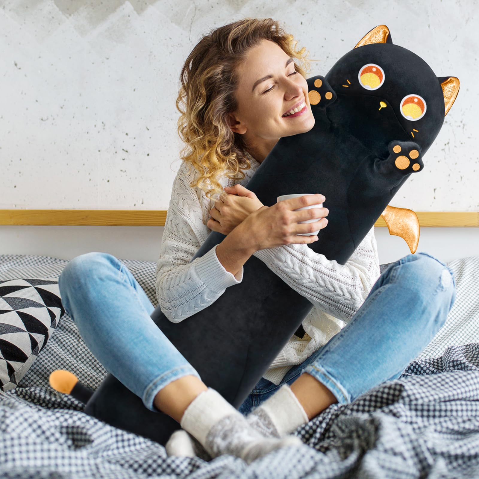 Mewaii Cuscino Gatto Occhi Arancioni Lungo di Peluche 50CM - Morbido Cuscino Kawaii per Bambine - Giocattolo Peluche Abbraccio - Regalo Carino per Bambini