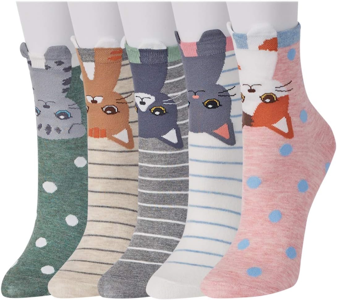 JaosWish5 Pairs Womens Novelty Socks, Ladies Cute Cat Paw Funny Dog Cotton Casual Animal Socks