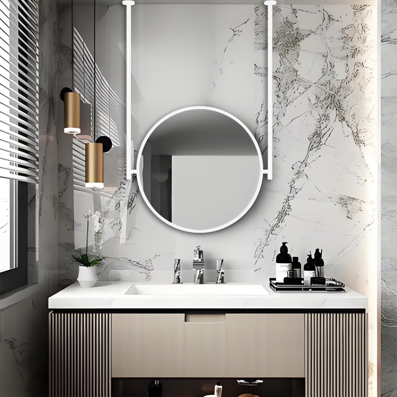 FGXHHS Round Large Hanging Floating Mirror, Wall-Mounted Mirror with Frame, Modern Decorative for Cloakroom Hallway Bathroom Home Hotel -White(Diameter-60CM/23.6INCH)