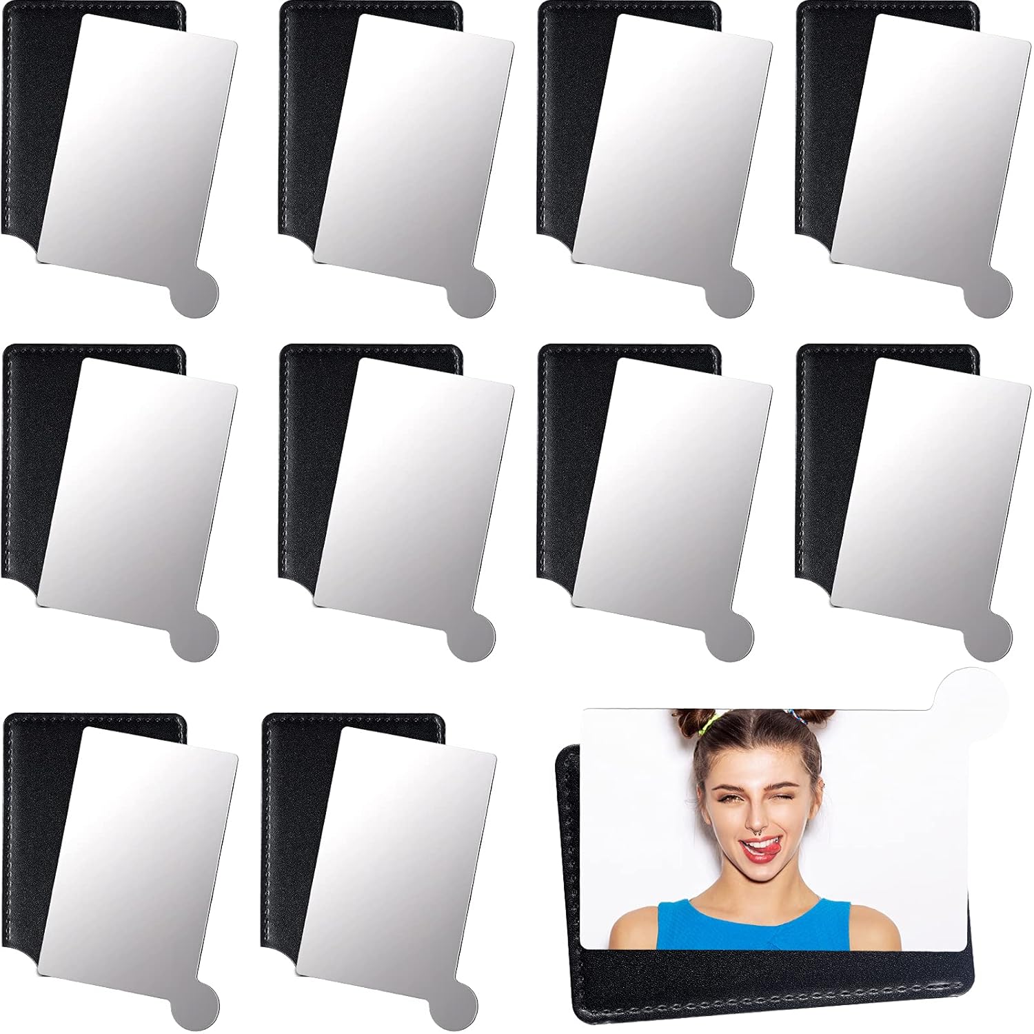 Jetec 10-Pack Compact Pocket Mirrors with PU Leather Case - Unbreakable Stainless Steel Mini Handheld for Travel, Makeup, Men & Women (Black)