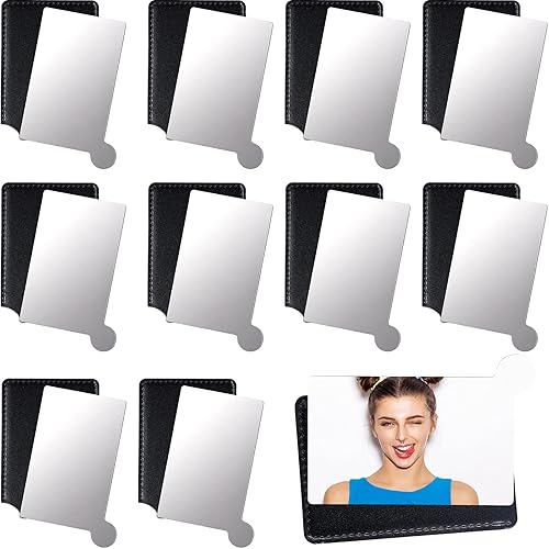 Jetec 10 espejos compactos de bolsillo, mini espejo para bolso, cartera, pequeño, de acero inoxidable, irrompible con funda de piel sintética para