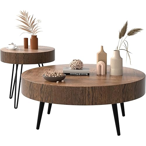 jiteentarou Farmhouse Round Coffee Table Set of 2, Modern Living Room Table Sets, Boho Natural Wooden Side and End Table Set for Living Room, Bedroom, Home Office, Brown