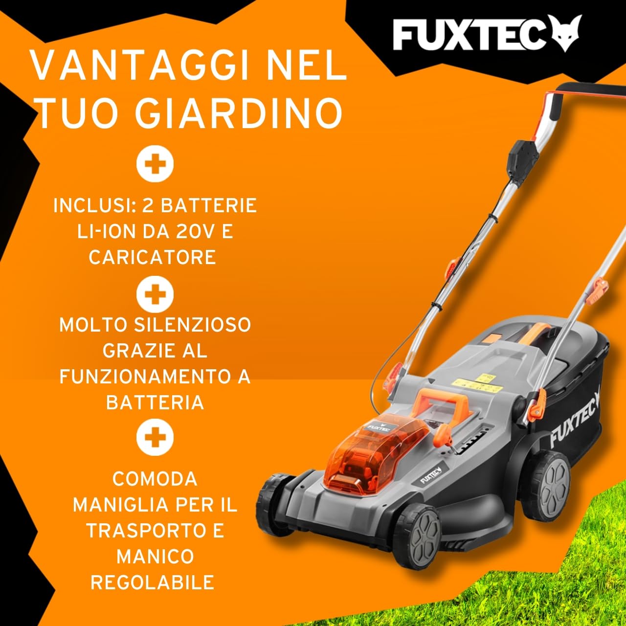 Tagliaerba Elettrico a Batteria FUXTEC E2RM37-40V (2x20V), Larghezza di Taglio 37cm, Altezza Regolabile, Senza Fili – Set con Batteria e Caricabatterie Inclusi