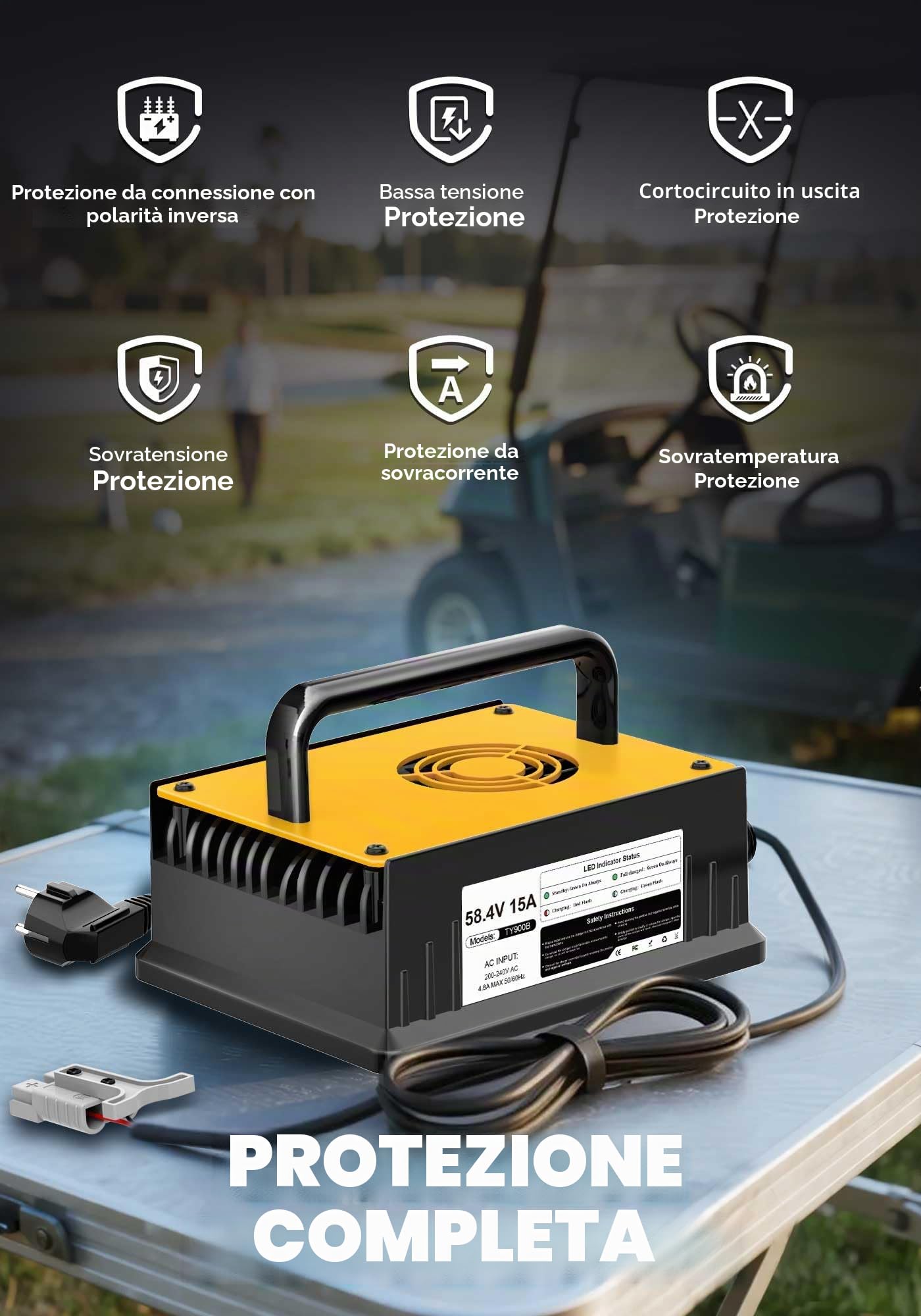 Caricabatterie Litio LiFePO4 48V(58,4V) 15A per LiFePO4 Batterie 48V(51,2V) | Impermeabile IP67 con Ventola di Raffreddamento, Adatto per Golf Cart, Barca, Camper, Solare