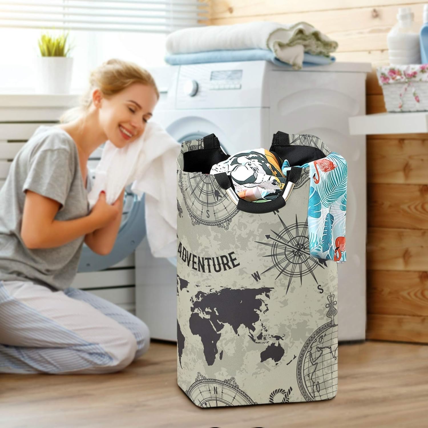 ALAZA Large Laundry Basket Vintage World Map Globe Compass Retro Laundry Bag Hamper Collapsible Oxford Cloth Stylish Home Storage Bin with Handles, 22.7 Inch