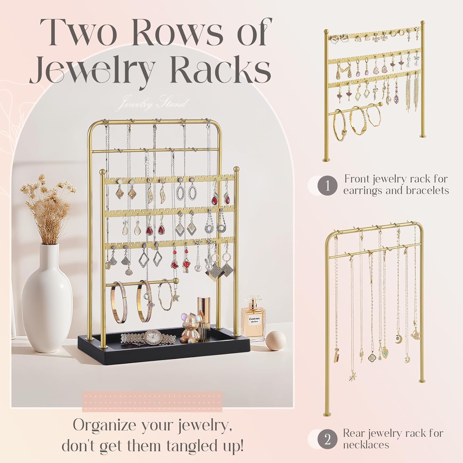 Poyilooo Earring Holder, Jewelry Organizer and Storage, Jewelry Holder Stand for Necklace Earring Keychains Bracelet Studs, Rings Display, Christmas Gifts - Blackgold