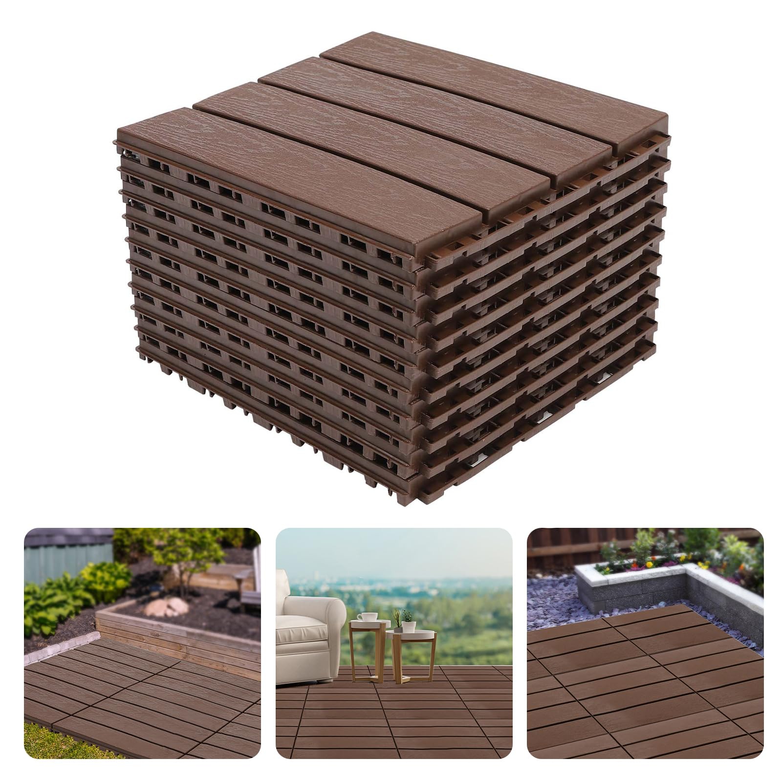 Lot de 10 lames de terrasse en polypropylène composite, 30 x 30 cm, pour balcon et terrasses, dalles de sol WPC avec système à clic (10)