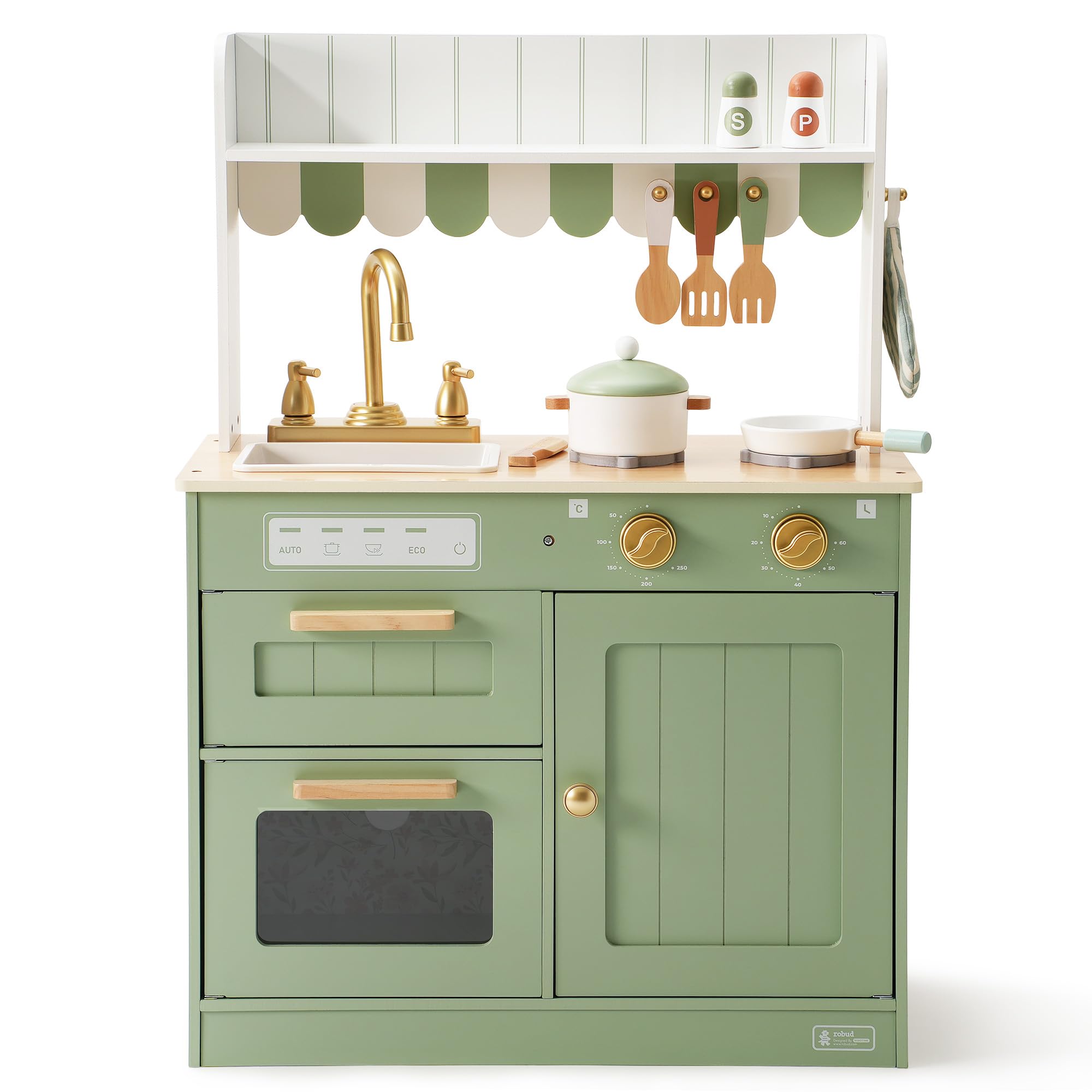 ROBUD Cucine da gioco in legno per bambini, con stoviglie, pentole, insalatiera e verdure, adatte per bambini dai 3 anni in su, verde