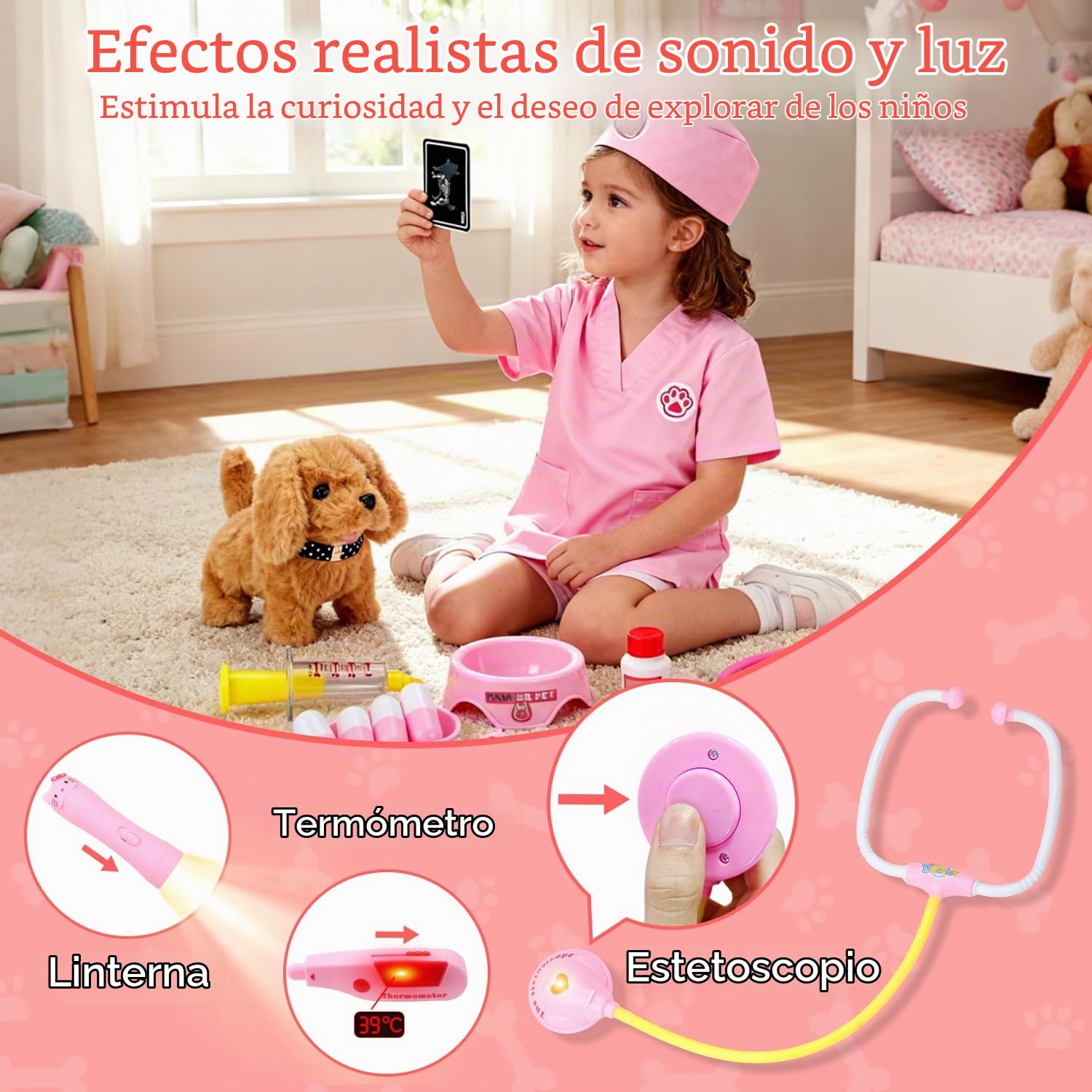 UBeesize Maletín médico para niños de 31 piezas con juguete de perro eléctrico que corre y ladra, perro interactivo, estetoscopio real, termómetro para juguete de veterinario, maletín médico para