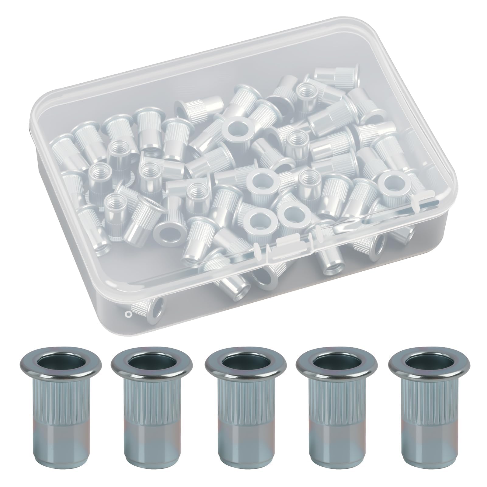 60 Piezas Remachables M5 En Acero Inoxidable, Tuercas De Remache De Cabeza Plana Para Insertos En Muebles De Madera Y Automóviles, Incluye Caja De Almacenamiento Tuercas De Remache Redondas