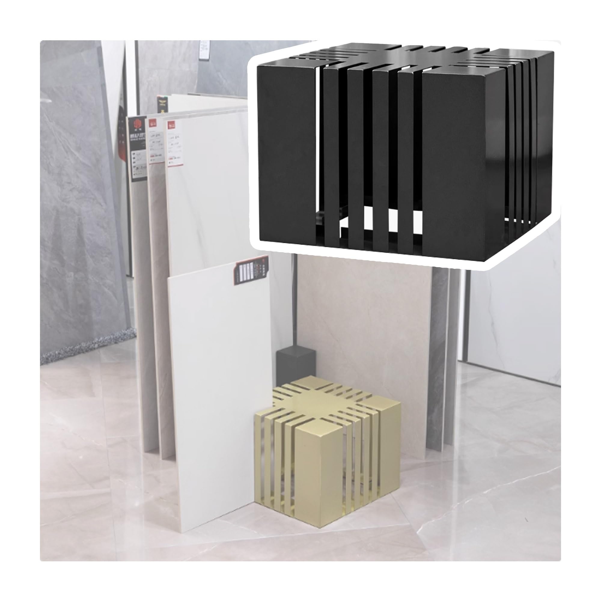 Présentoir carrelage autonome métal anti-chute et rangement pour échantillons de portes