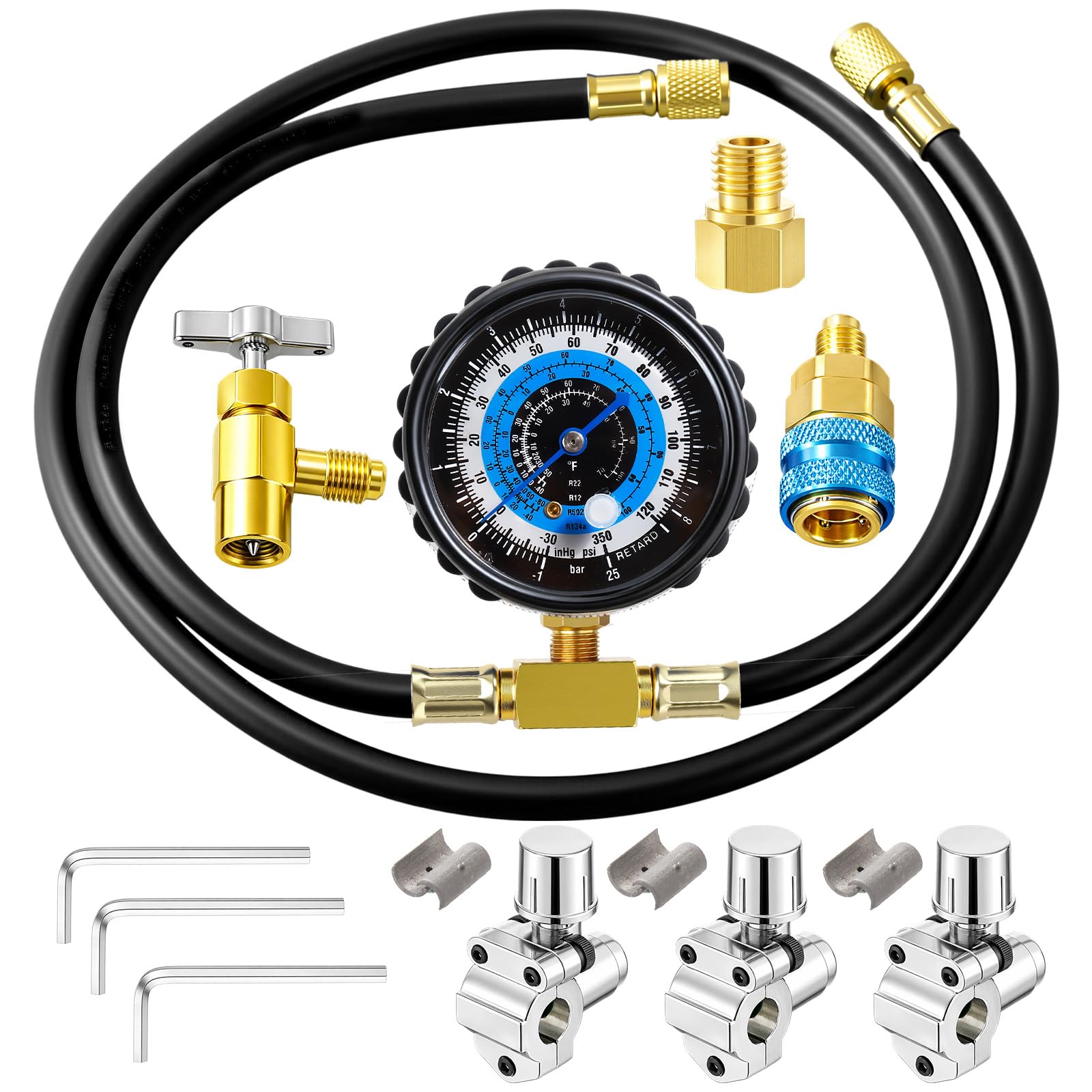 Mudder R134A Refrigerant Charge Hose Kit with Guage Bullet Piercing Valve,R134a Self-Sealing Adapter,r134a Low Side Quick Coupler and 59'' Charge Hose for R134a/R12/ R22 for Home/Car A/C(Black,Tire)