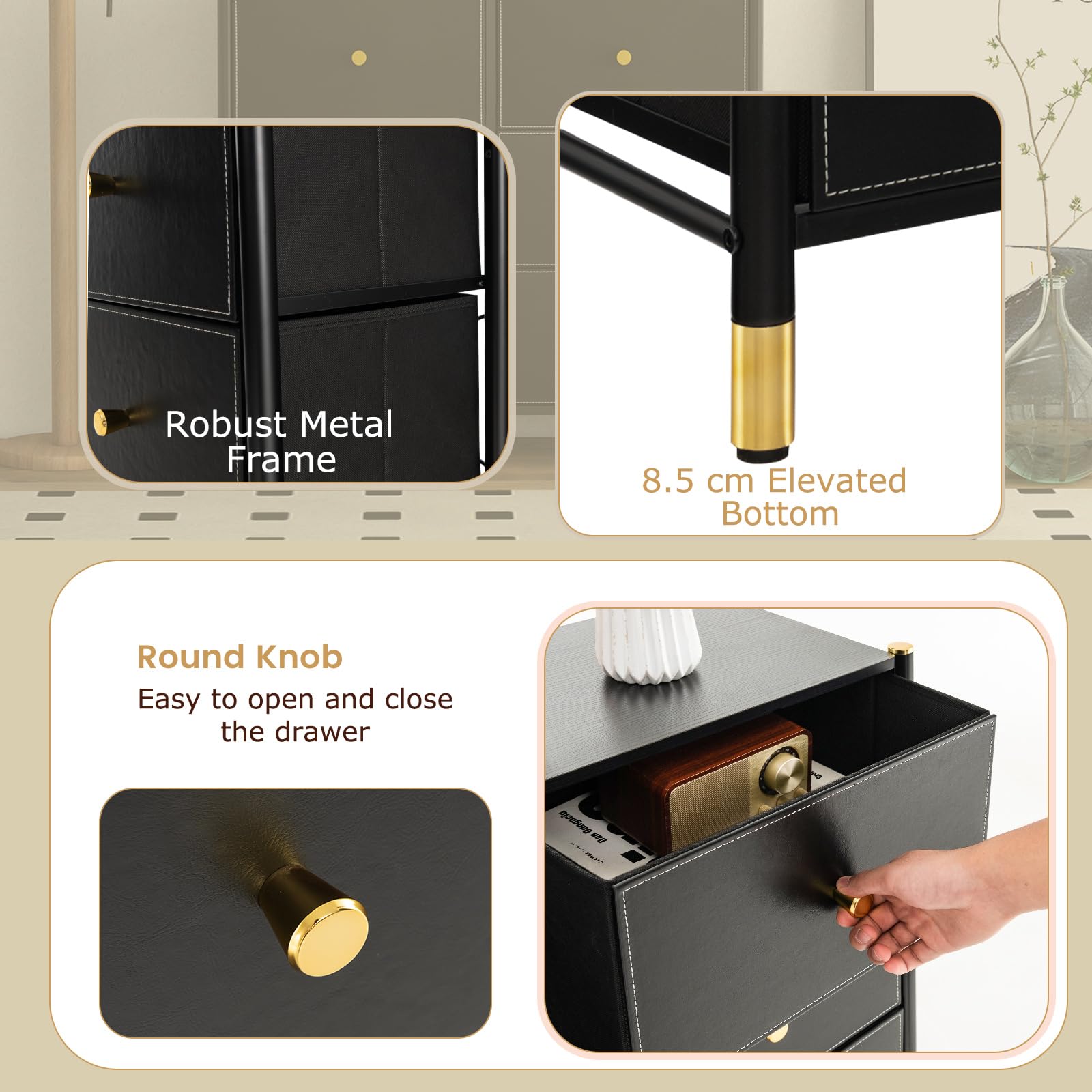 HOMASIS Cassettiera Camera da Letto con 6 Cassetti Pieghevoli in Tessuto, Comò Camera da Letto, Mobiletto Cassettiera Salvaspazio per Bagno, Ingresso, Corridoio, Nero e Oro