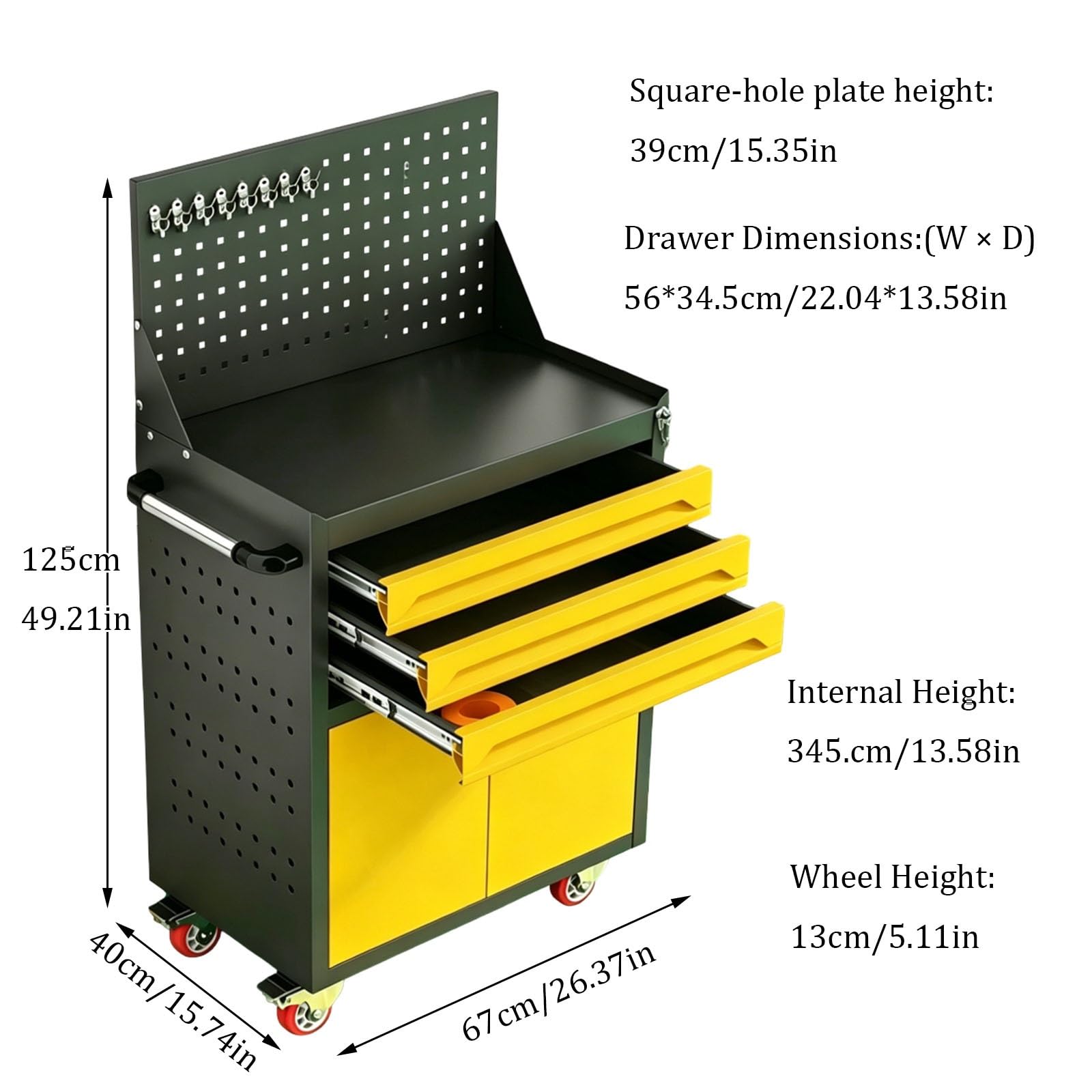 Carrello Portautensili Robusto in Acciaio – Carrello di Servizio in Metallo con Cassetto con Serratura e Pannelli Forati Laterali – Ideale per officine di riparazione(Yellow,3-Tier)
