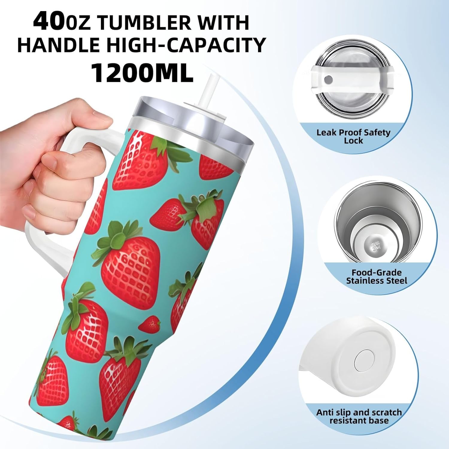 40 OZ Cute strawberry Print Ice Bully Cup with Handle Straw Lid Straw,Stainless Steel Tumbler Coffee Cup