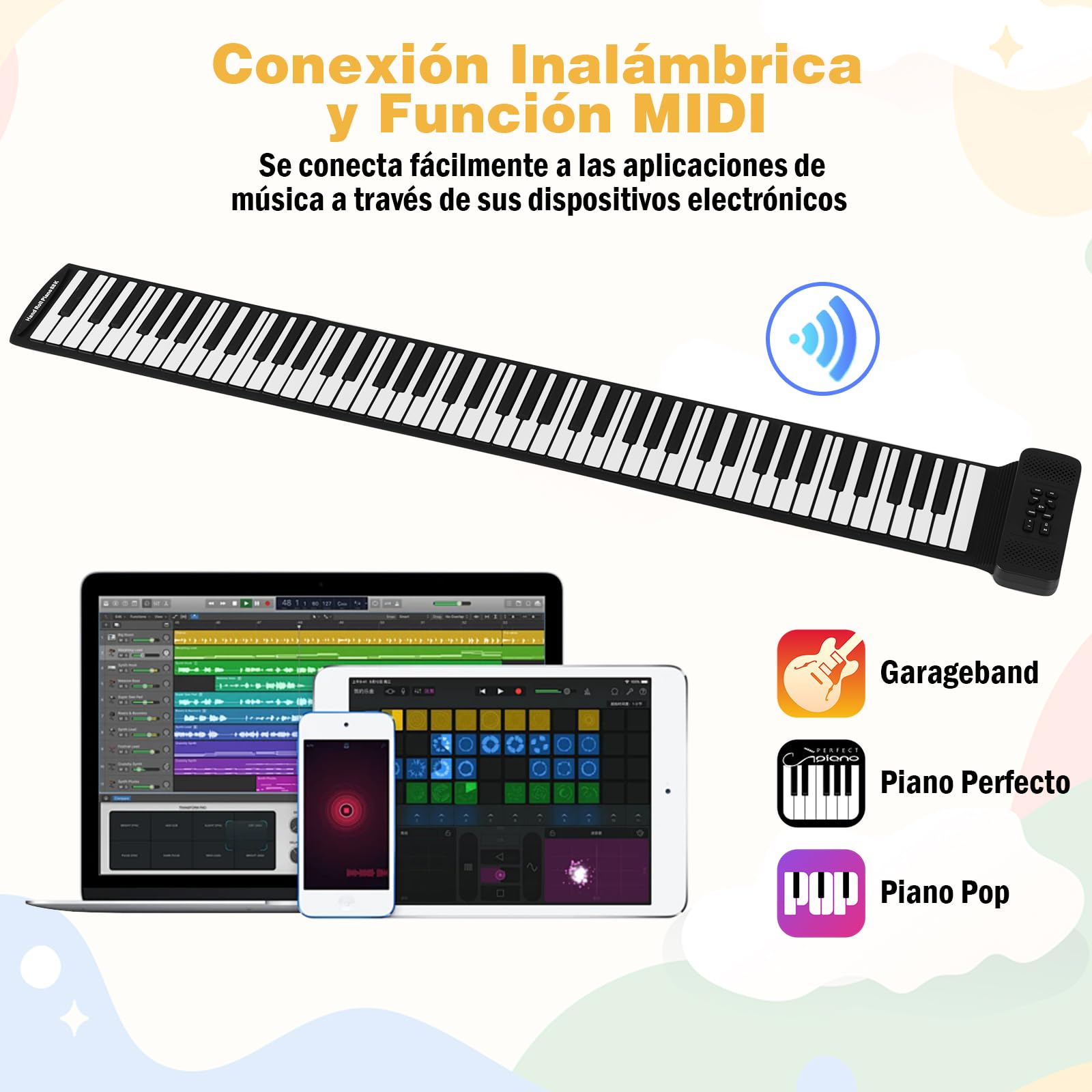 COSTWAY Teclado Piano Scroll, Piano Plegable de 88 Teclas con 128 Ritmos y Tonos, 14 Demostraciones, Teclado de Piano Eléctrico Recargable con Conexión Inalámbrica y Función MIDI para Principiantes