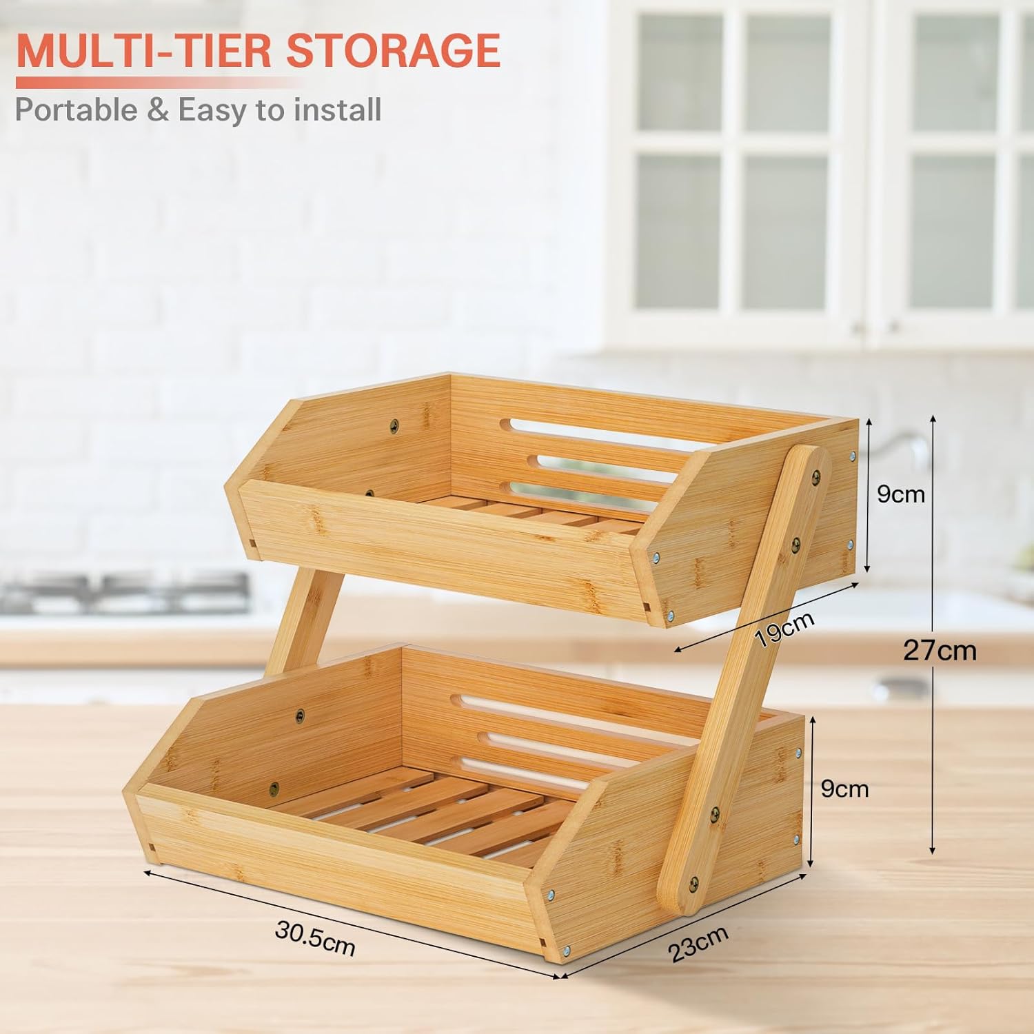 G.a HOMEFAVOR Large Bamboo Fruit Basket, 2-Tier Fruit Bowl for Kitchen Counter, Vegetable Storage Stand for Fruit Shop, 15 mm Thickness (Self-assembly) - Image 4