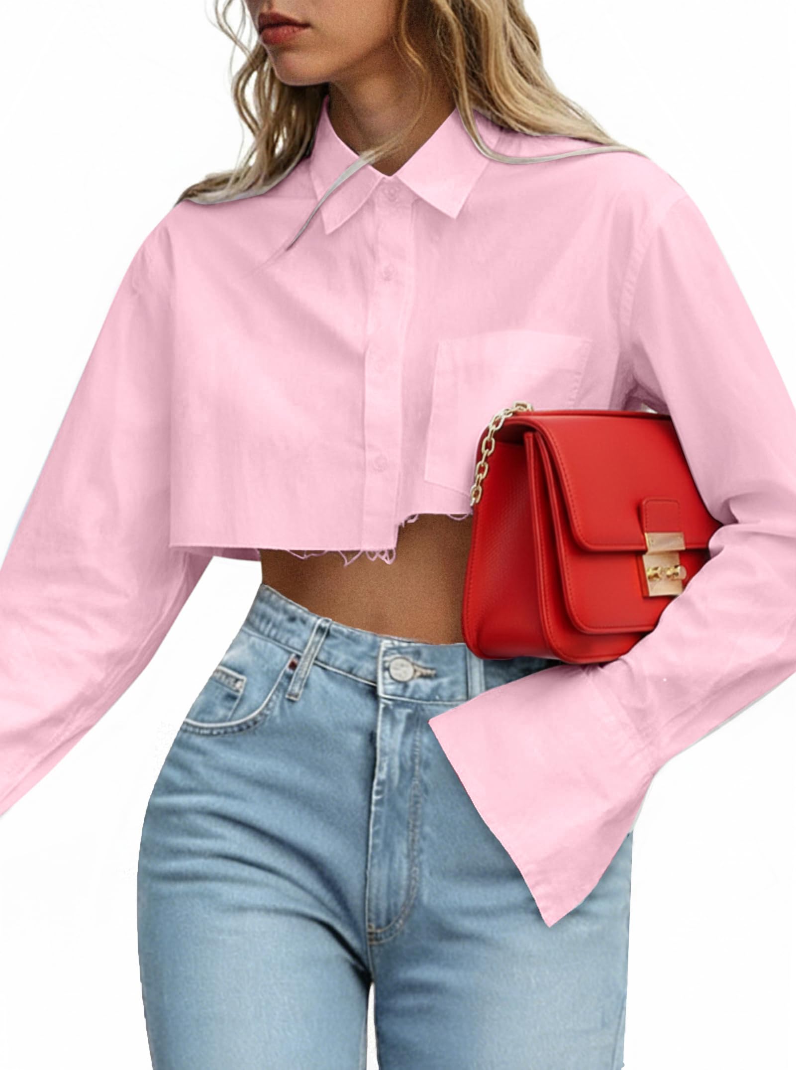 Remidoo Women's Casual Striped Cropped Button Down Shirt Long Sleeve Crop Top