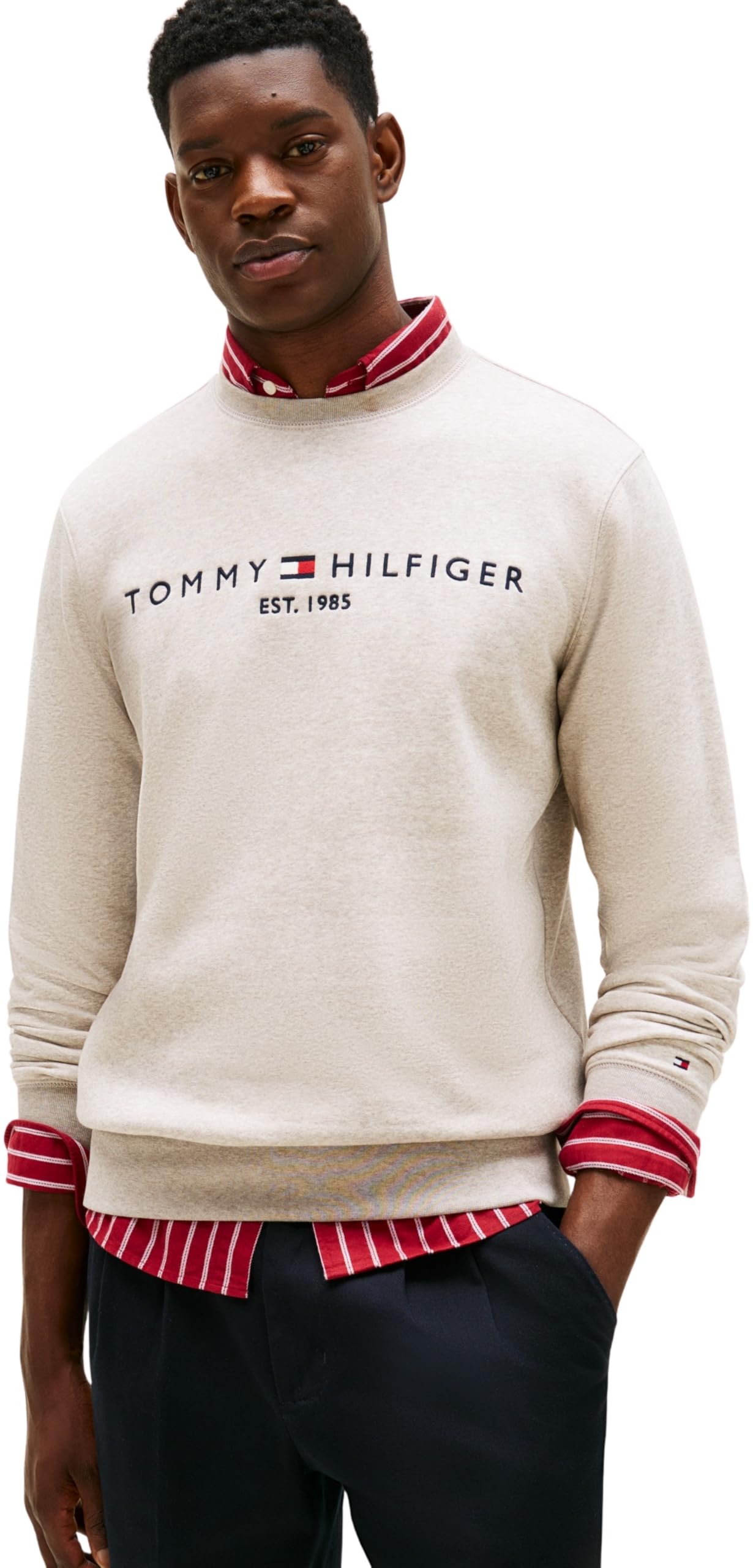 Tommy Hilfiger Men’s Tommy Logo Sweatshirt without Hood, Beige (Heathered Pebble), XXL