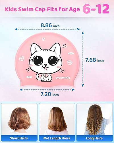 Miniatura 3 de SYLEMTAM Gorro de natación para niños de 6 a 12 años, gorro de natación de silicona para niños, impermeable, para cabello largo, para niñas y niños,