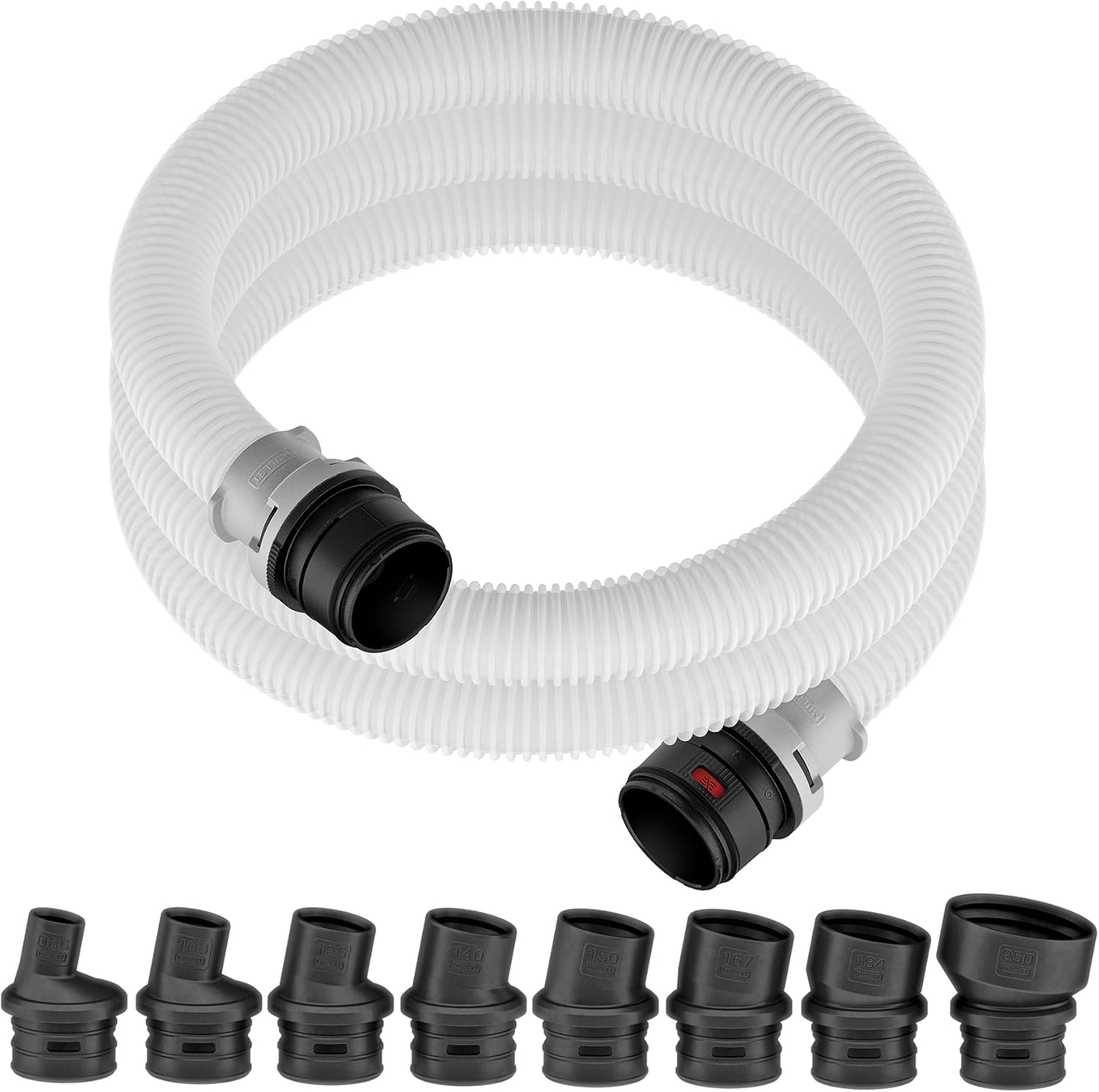 Mullet Tools FitsAll Shop Vac & Power Tool Hose Kit - 8 Dust Port Bushings, Translucent Shop Vacuum Hose, 10ft Hose, 1.25-inch diameter, Kink and Crush Resistant