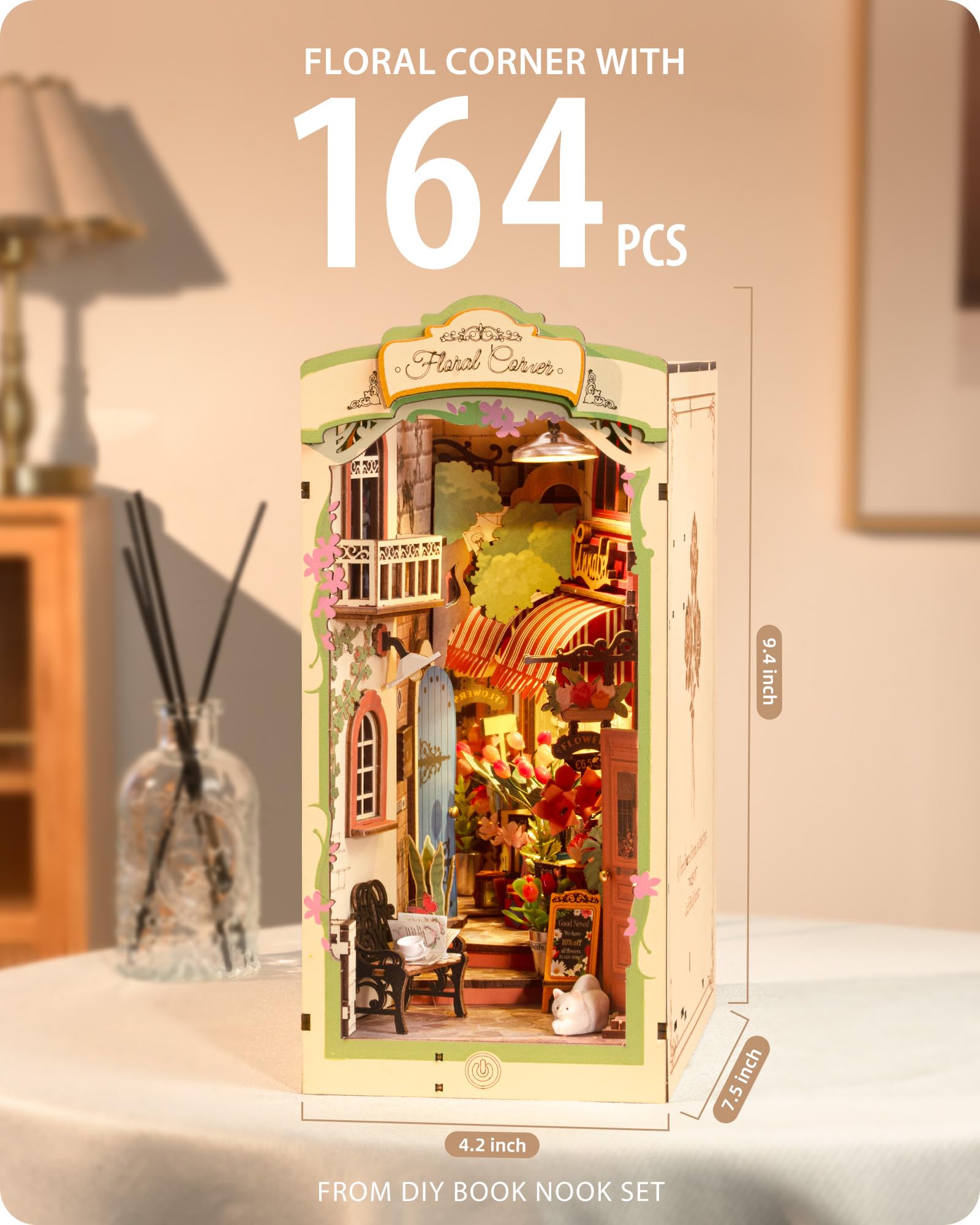 Rolife Book Nook Kit Angolo Floreale con Luci LED Kit Casa in Miniatura Fai da Te Puzzle 3D in Legno per Adulti per Costruire Libreria Decorazione Natale Regalo Compleanno