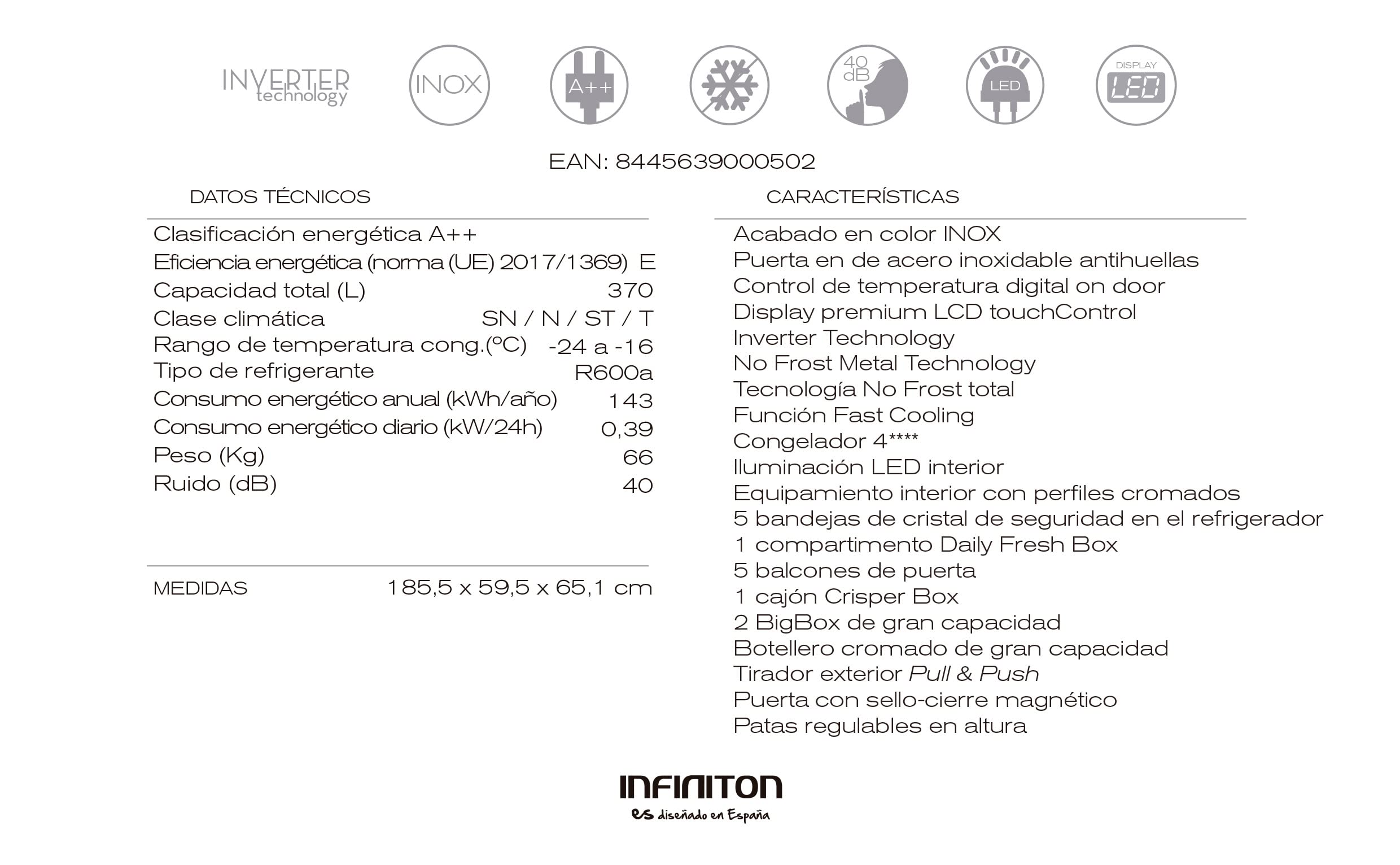 INFINITON CL-85EH - Frigorífico 1 puerta, Inox, 370 litros, Inverter, No Frost, Compresor con 10 años de garantía