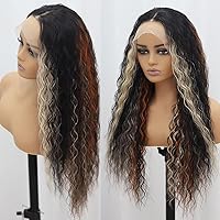 Vista 10 de Peluca de encaje frontal color burdeos con cabello de bebé, pelucas sintéticas de encaje frontal para mujer, onda natural rizada, color vino rojo