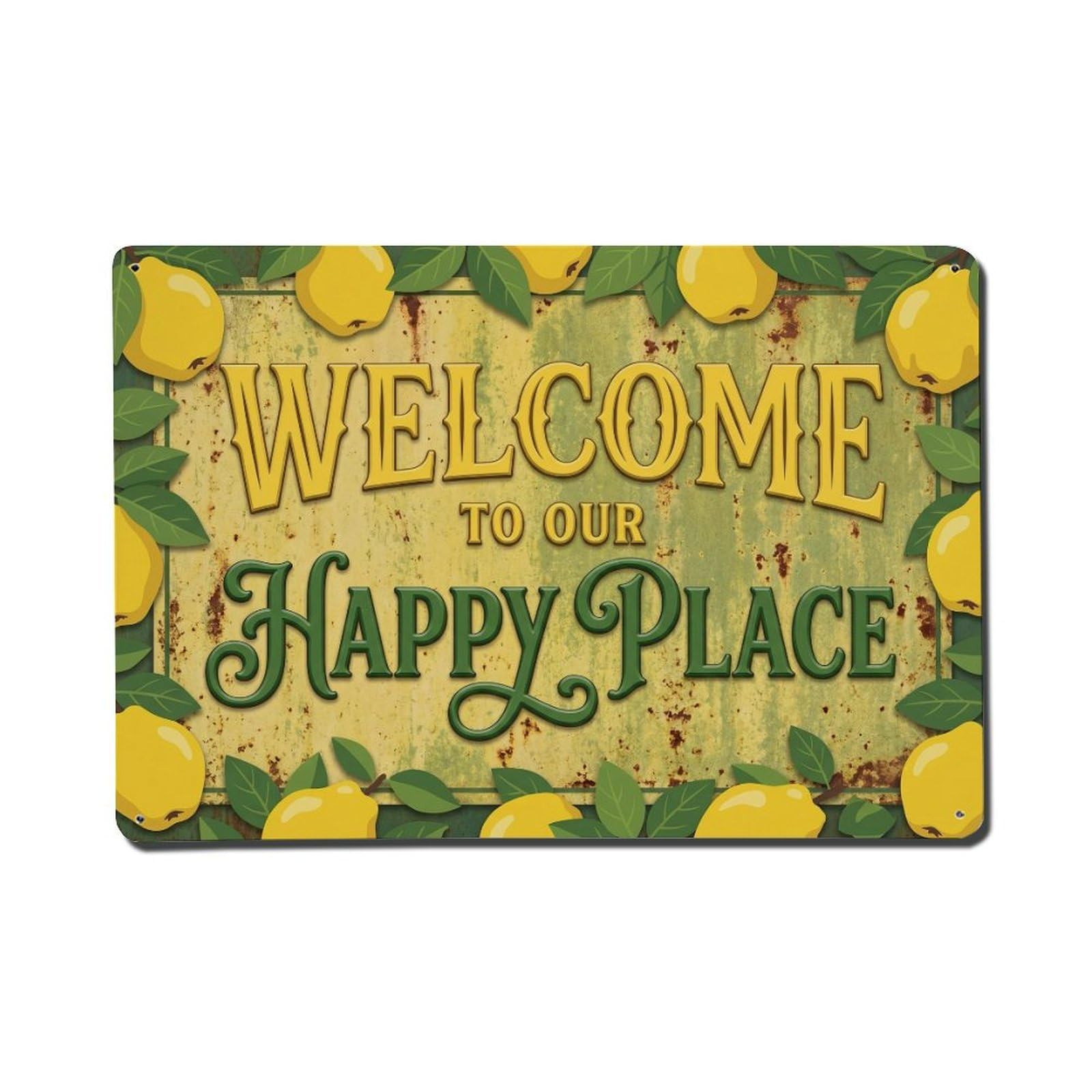 Okngb Style Quince Fruit Welcome Happy Place Vintage Garden Gate Metal Tin Sign Plaque Wall Decor For Cafe, Man Cave, Club Bar, Office, Home Garden Round Metal Poster 8X12inch