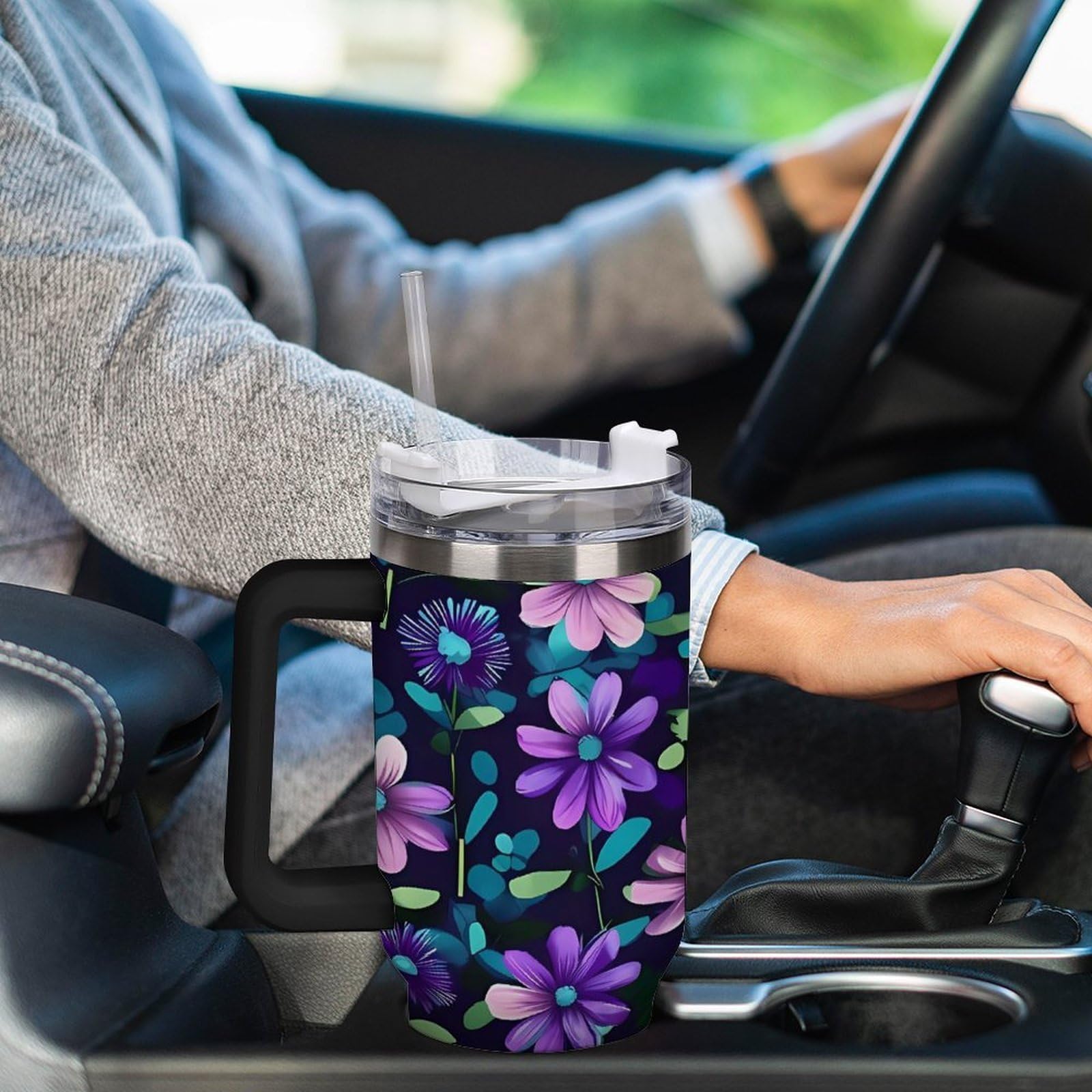Tazas de camelia morada con popote y asa, taza de café con aislamiento al vacío de doble pared, botellas de agua para café helado, té, bebida caliente y fría