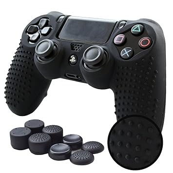 Pandaren PS4 Controller Grip,Studded Anti-Slip PS4 Controller Cover Silicone Skin Case for PS4 /Slim/PRO Controller(Black Controller Skin x 1 + FPS PRO Thumb Grips x 8)