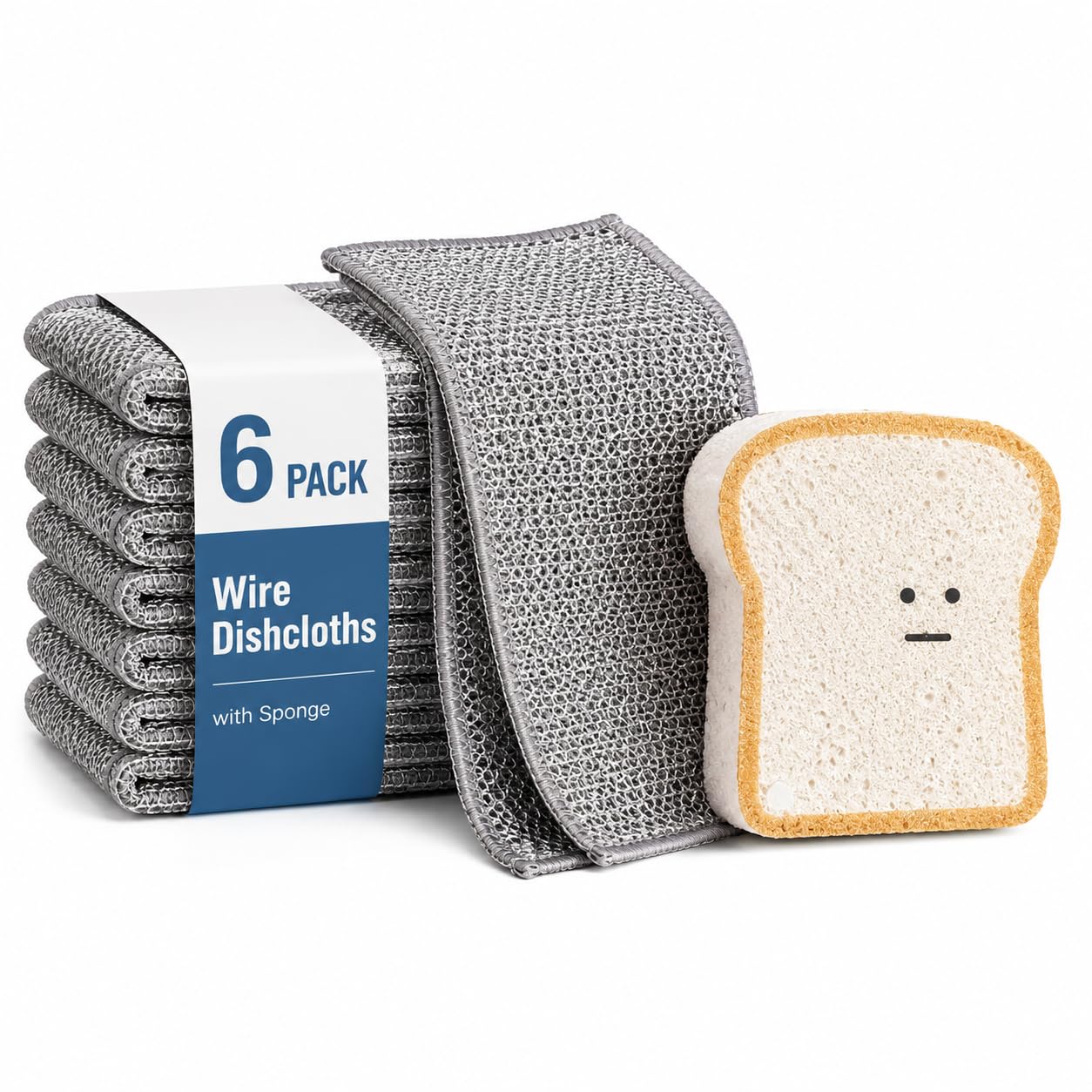 Non Scratch Wire Dish Cloth 6 Pack with 1pcs Kitchen Sponges for Dishes, Double Layer Wire Dish Washing Cloth,Powerful Cleaning Non-Scratch Wire Dishcloth Rag for Cookware, Sinks, Dishes, Stove Tops