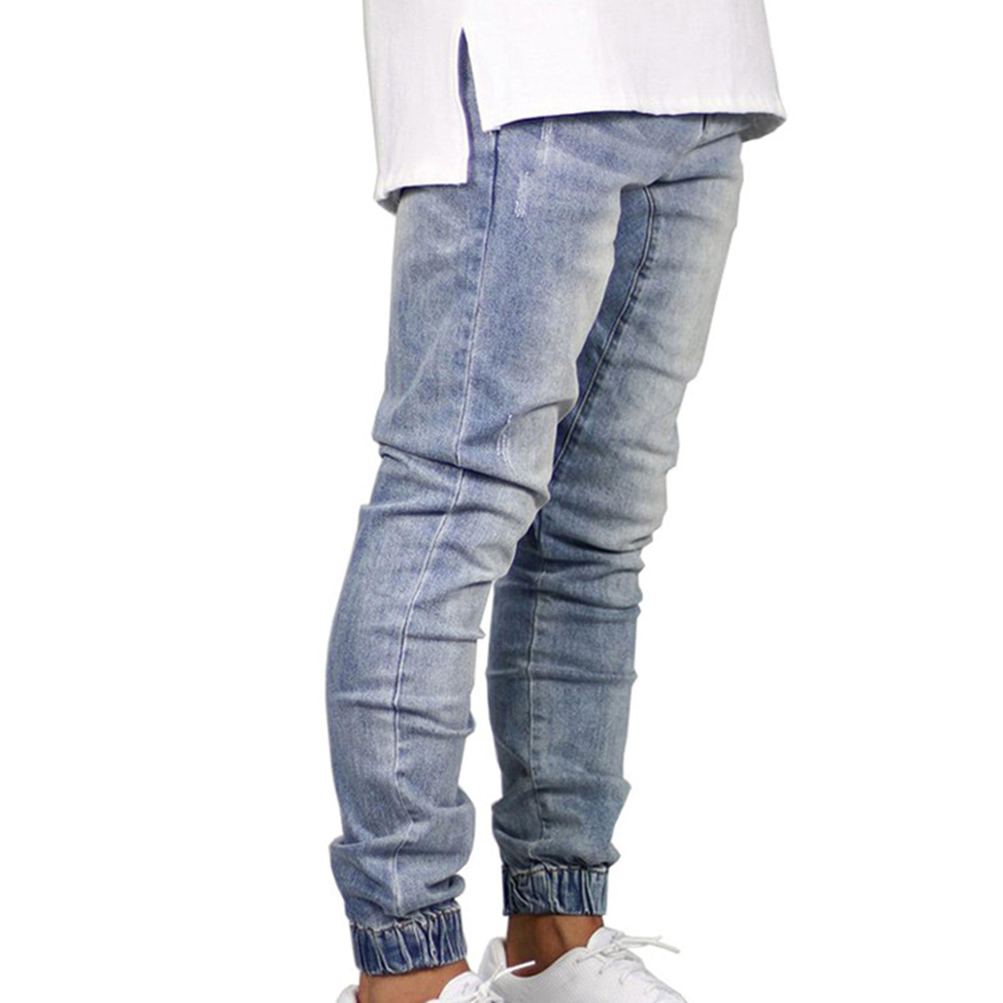 JEKE-DG Mens Washed Tapered Leg Jeans Distressed Skinny Stretch Denim Pants Slim Fit Casual Sweatpants with Pocket (38,Light Blue 1)