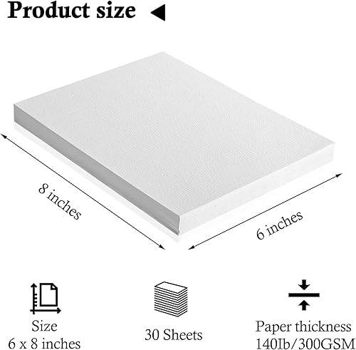 Miniatura 6 de FEITAKE Papel para acuarela 100% algodón prensado en frío  140 lb (300 gm)  Papel de dibujo de arte mixto sin ácidos - Paquete de 30 hojas - 6"X8"
