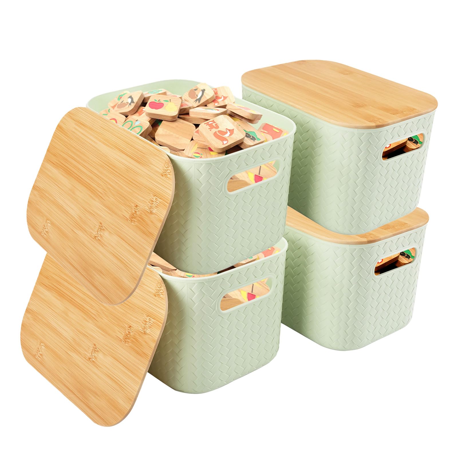 BlyeMichdi Paquete de 4 cajas de almacenamiento con tapa de bambú, cestas de almacenamiento de plástico con tapa de bambú y asa, contenedores de almacenamiento apilables para cocina, cajones de