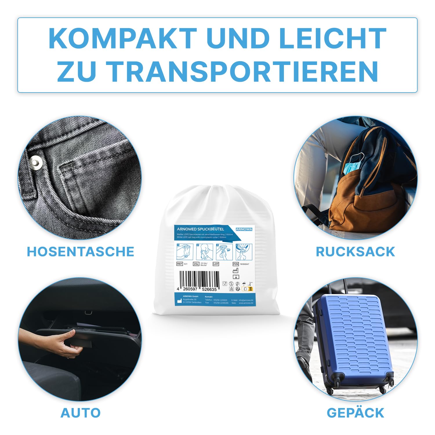 ARNOMED® Worki na wymioty z pierścieniem, jednorazowe torebki na wymioty LDPE dla dorosłych i dzieci, szczelne worki na wymioty do podróży, worki medyczne, 25 sztuk