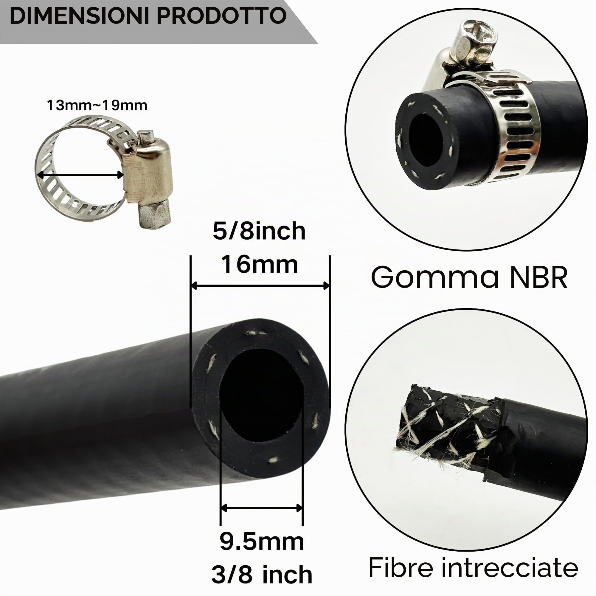 Ø 10 mm 3/8'' (Adatto per 9mm 9.5mm) Tubo Benzina Rinforzato Tubo in gomma intrecciata Carburante per Gasolio 2.4M per Automobili Barca Generatori ATV con 10pcs Fascette Stringitubo