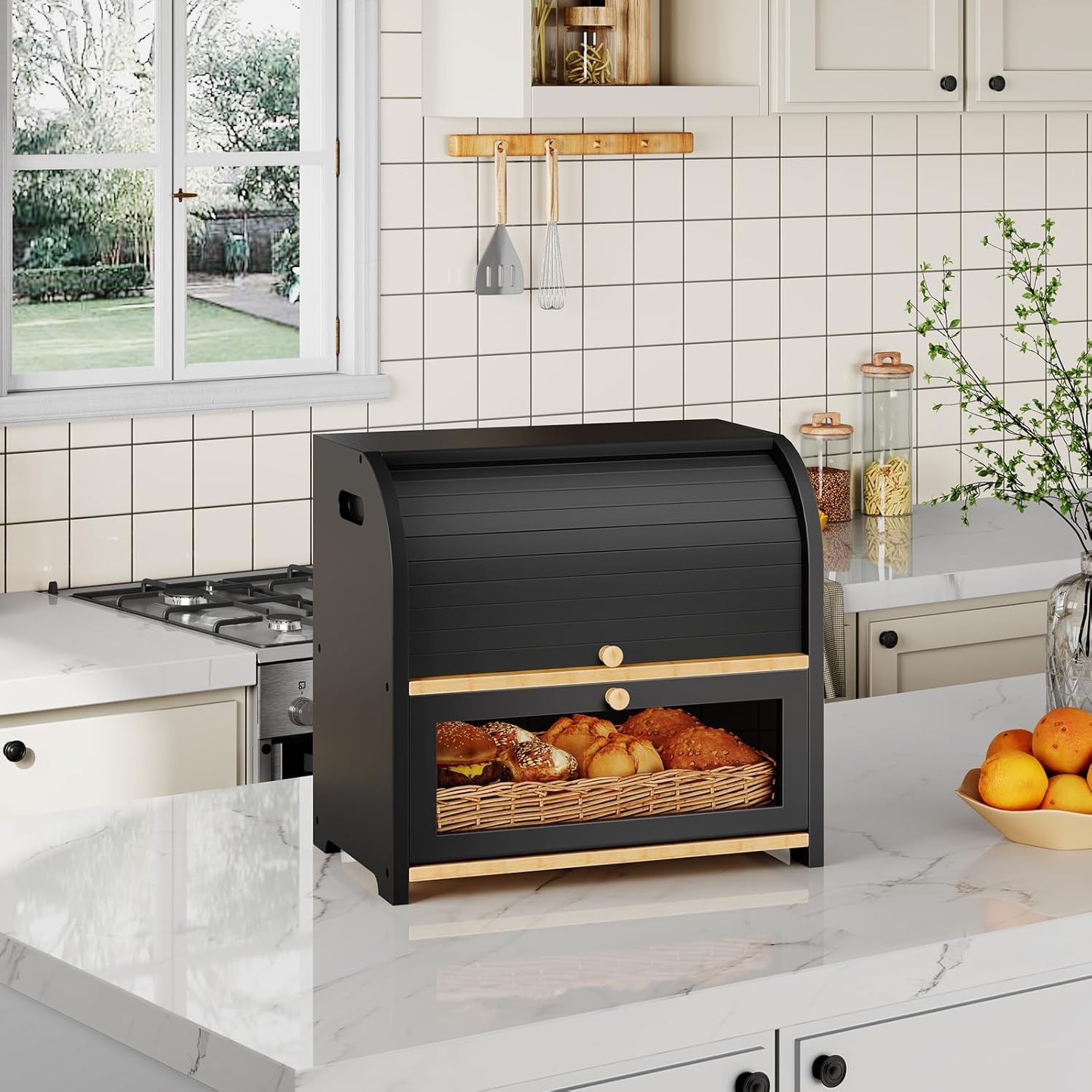 HOOBRO Bread Box, Bamboo Bread Box for Kitchen Countertop, 2 Tier Roll-Top Bread Bin, Food Storage Box, Large Capacity Keeper, Wooden Storage Cabinet, for Kitchen, Dining Room, Black BK13MB01 image 8 of 9 B0F1MVBXTS