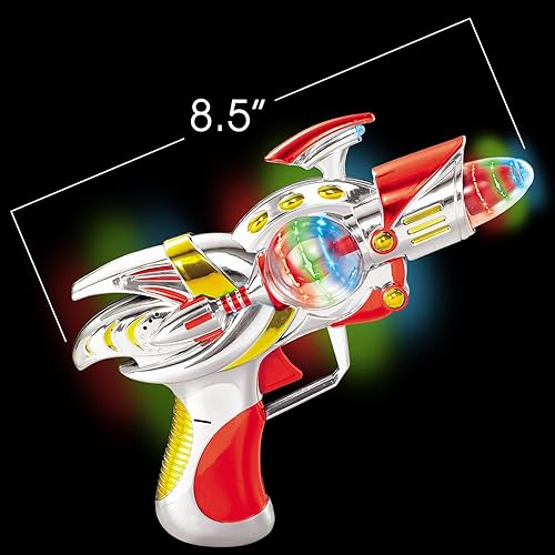 Miniatura 2 de ArtCreativity Pistola de juguete espacial súper giratoria roja con LED intermitentes y efectos de sonido, pistola de juguete futurista con baterías