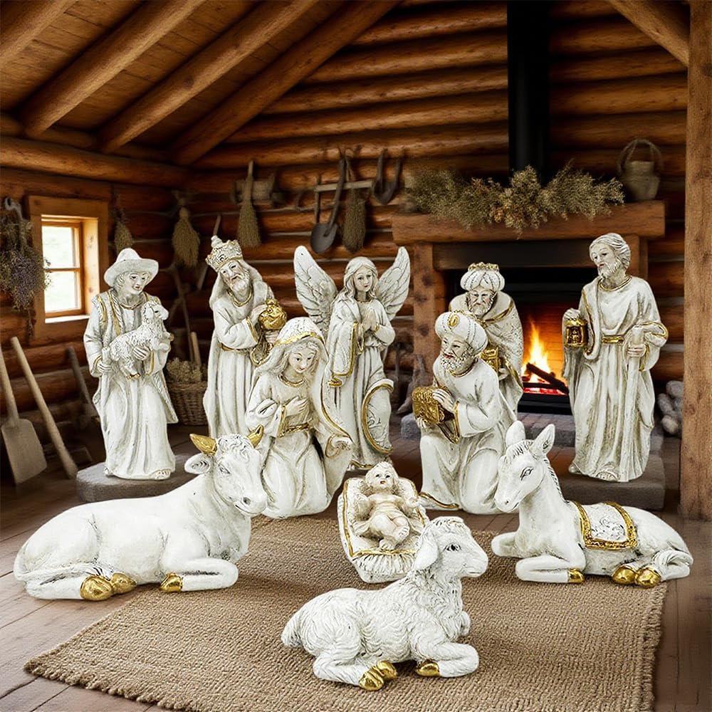 11-Piece Christmas Figurine Collection, White and Gold Nativity Scene Set, Porcelain Religious Holiday Decor with Holy Family, Angels, Shepherds and Animals (White)