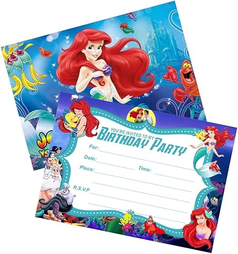Miniatura 2 de BELLOSY 24 invitaciones de cumpleaños de la Sirenita, invitaciones de fiesta de Sirenita, suministros de decoración para fiestas de cumpleaños (24