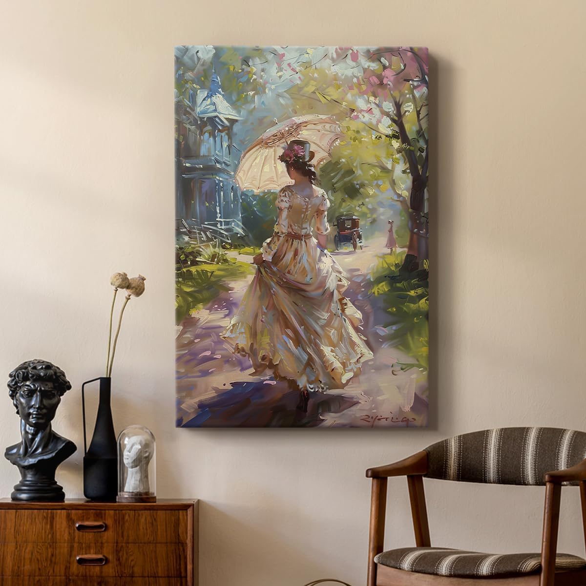 Renditions Gallery Abstract Paintings for Home Floral Hat Woman Walking White Parasol Canvas Artwork Decorations for Bedroom Office Kitchen - 8" X 12" LT561 image 5