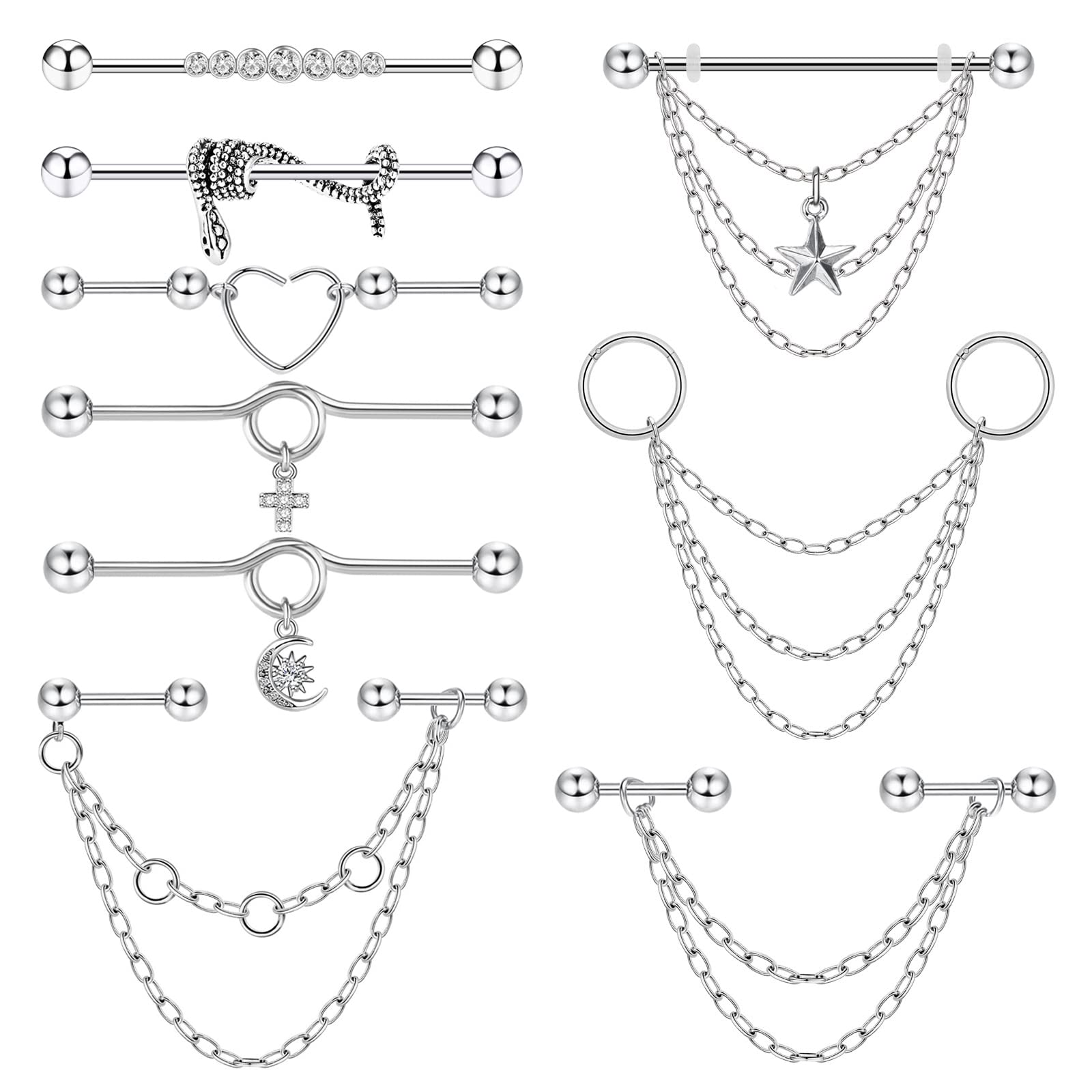 Longbeauty3-10Pcs Industrial Bar for Women Men Industrial Barbell Earring with CZ Cartilage Piercing Jewelry 14g 38mm Black Silver Gold