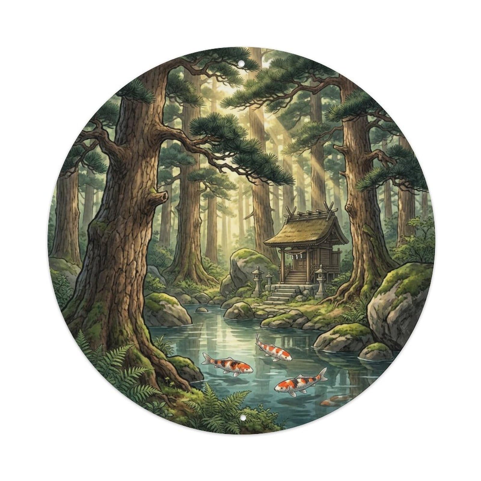 Japanese Koi Fish Pine Forest Ancient Trees Vintage Metal Tin Sign Plaque Wall Decor for Cafe, Club Bar, Office, Garden Metal Poster 8x8Inch