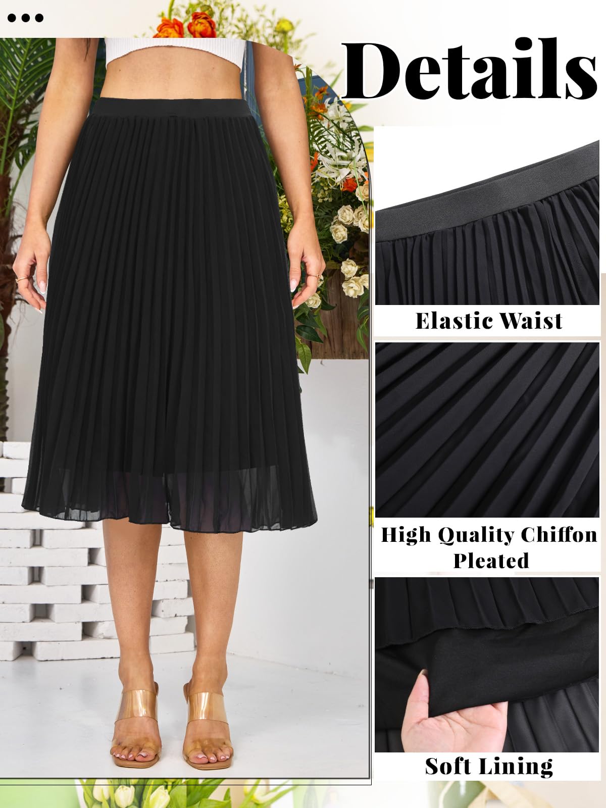 Soudittur Jupe Plissée en Chiffon Léger Femme, A Ligne Jupe Mi Longue- Fluide et Vaporeuse pour Bureau, Plage & Soirée d'Été
