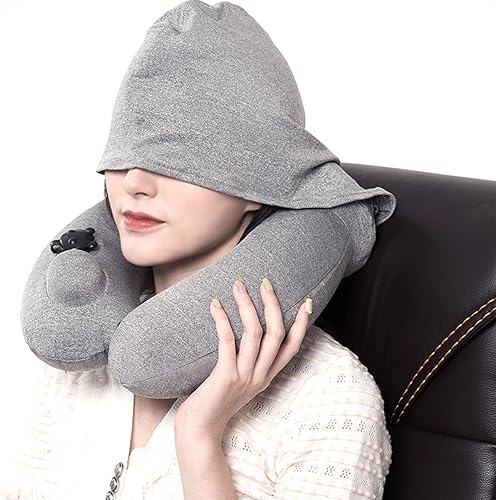 Miniatura 5 de Almohada de viaje con capucha, almohada inflable para el cuello, soporte para la barbilla, avión, automóvil, oficina y hogar, para dormir y descansar