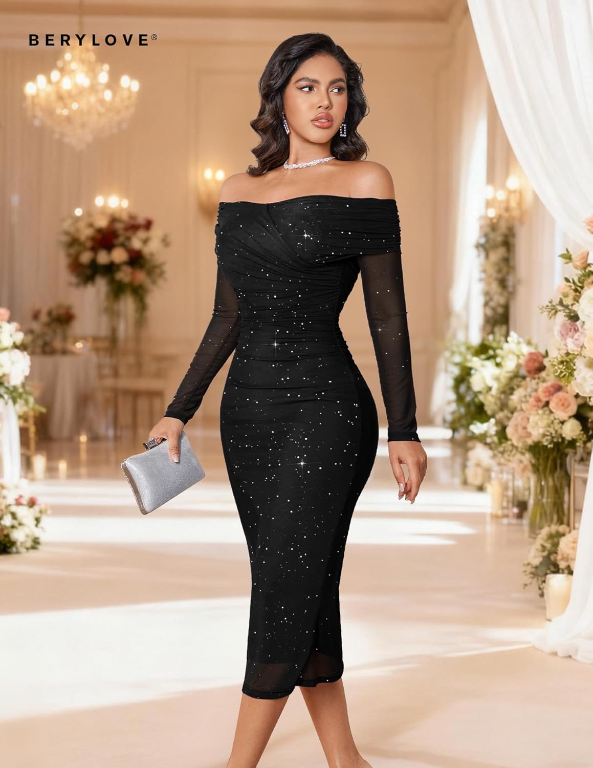 BeryLove Womens Sparkly Off Shoulder Formal Wedding Guest 2026 Cocktail Mesh Sequin Dress - Image 7