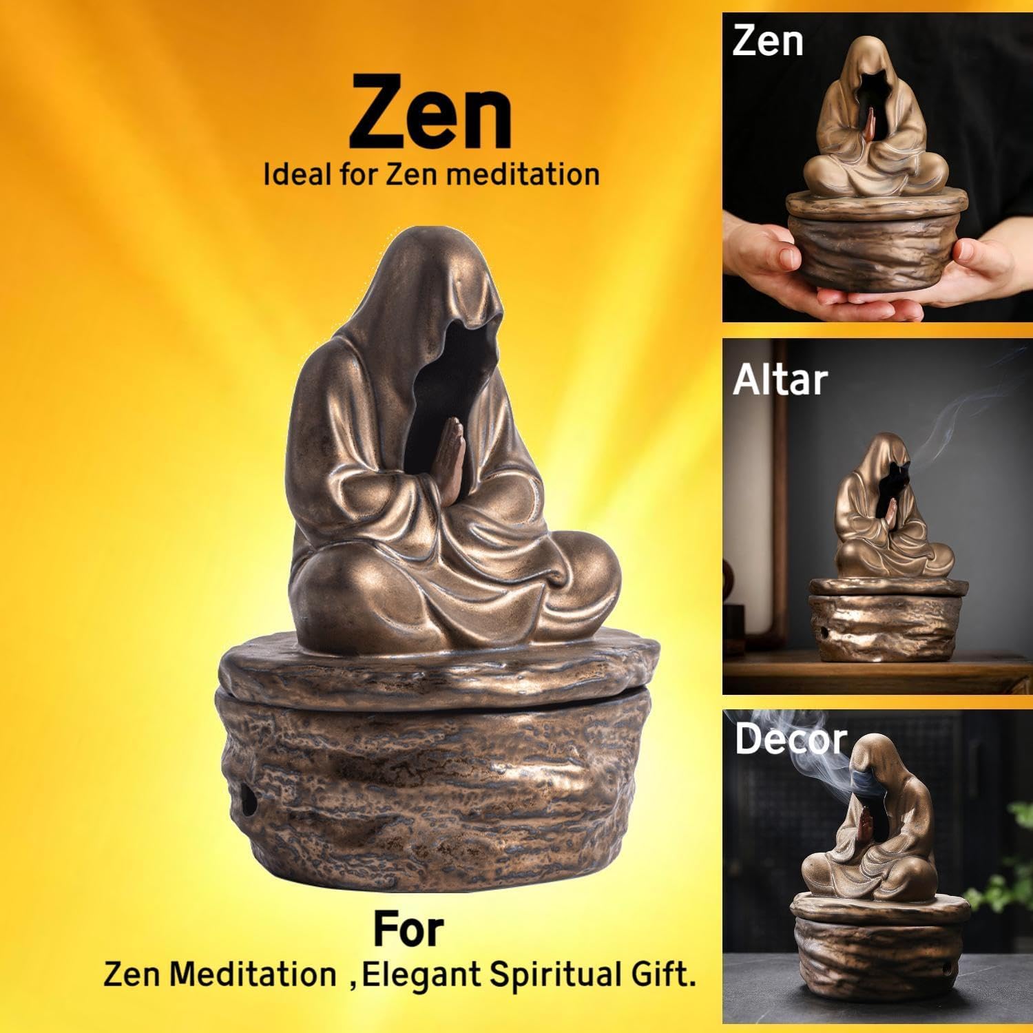Ceramic Faceless Buddha Incense Burner - Cone/Coil Incense Holder for Zen Meditation, Home Decor to Ward Off Negativity