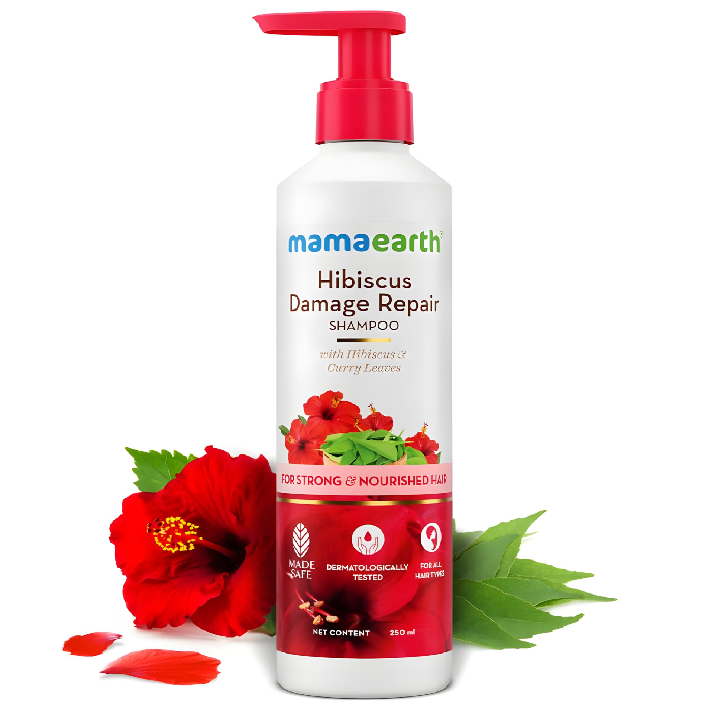Mamaearth Hibiscus Damage Repair Shampoo With Curry Leaves for Strong & Nourished Hair - 250ml | For Dry & Frizzy, Smoother, Shinier Hair | Suitable for All Types