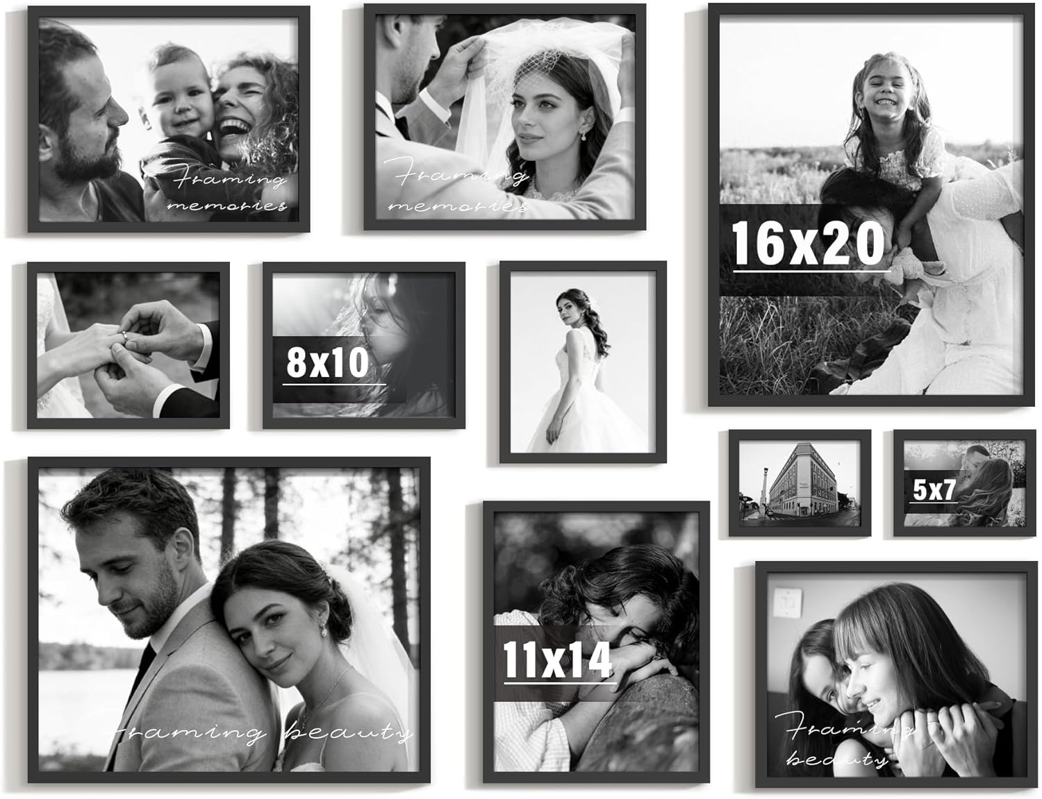 11 Pack Picture Frames Collage Wall Decor Set, Multi-Size Photo Frames for Wall Mounting, Gallery Wall Picture Frames Kit with 2pcs 16x20, 4pcs 11x14, 3pcs 8x10, 2pcs 5x7, Black Frame Sets